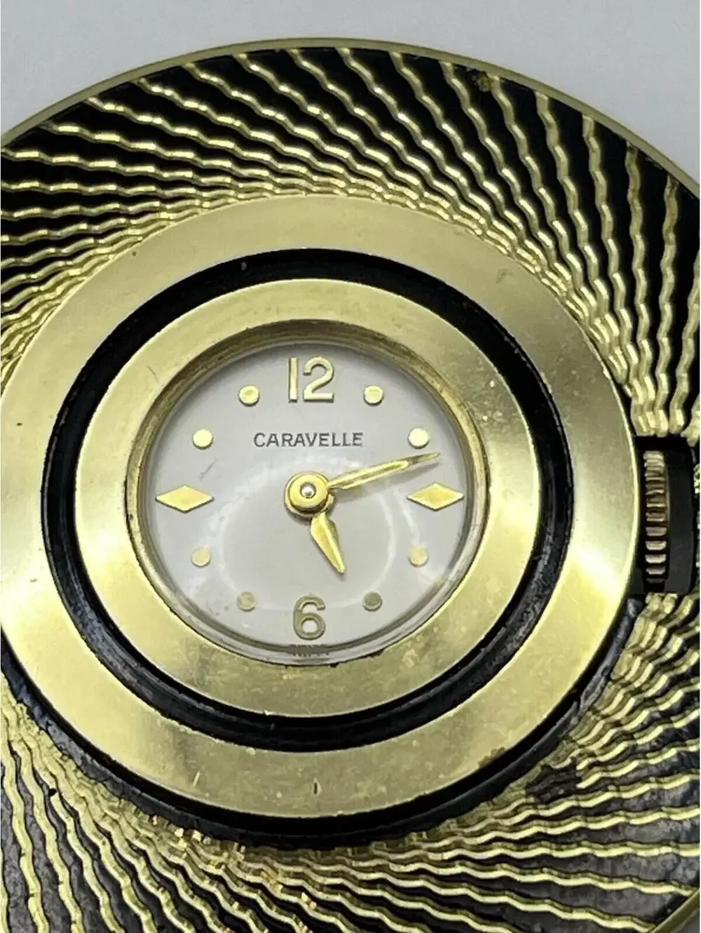 Vintage Caravelle 7 Jewel Skeleton Ball Pendant Black + Gold Watch NOT WORKING